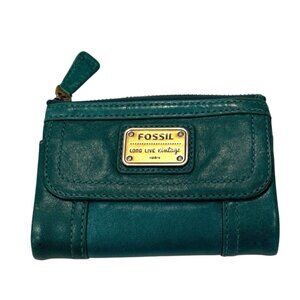Fossil Long Live Vintage 1954 Trifold Green Leather Wallet Coin ID Bills 5.5 X 4